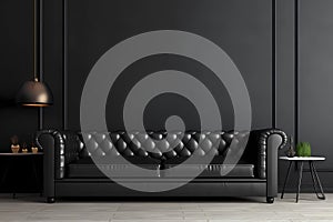 Modern living room with empty wall. Contemporary monochrome black interior design with trendy wall color, sofa for mockups.