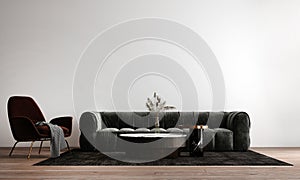 The modern living room and empty white wall texture background interior design / 3D rendering