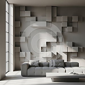 A minimalist, rectangular coffee table sits in front of the sofa with an open