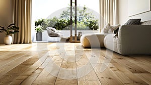 a modern living room featuring sleek oak parquet flooring gleaming under abundant natural light, the interplay between