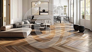 a modern living room featuring sleek oak parquet flooring gleaming under abundant natural light, the interplay between
