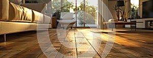 a modern living room featuring sleek oak parquet flooring gleaming under abundant natural light, the interplay between