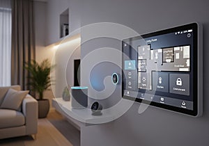 Modern living room featuring a smart home interface on a wall-mounted touchscreen displaying