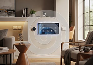 Modern living room featuring smart home technology. A wall-mounted touch screen control panel