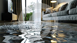 a modern living room, featuring a wet and gleaming concrete floor displaying signs of water damage, with visible