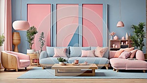 A modern living room filled with furniture and decorated in pastel pink and blue. AI generated