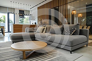 Modern living room filled furniture with gray sofa with natural light window, stylish atmosphere