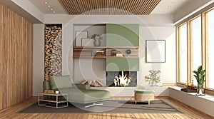 Modern living room with fireplace and chaise lounge