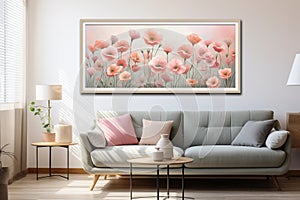 Modern living room with floral wall art