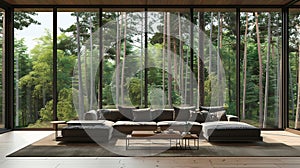 Modern living room with forest view. There are large window overlooking the surrounding garden