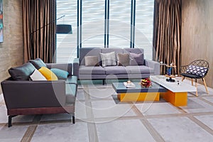 Modern living room furniture in house  Cloth sofa floor window