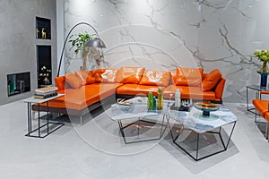 Modern living room furniture in house Orange leather sofa