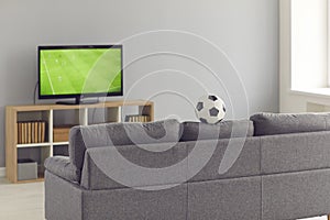 Modern living-room with a gray couch and a television set with a soccer match on