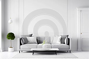 Modern living room with gray sofa and blank white wall mockup. Generative ai