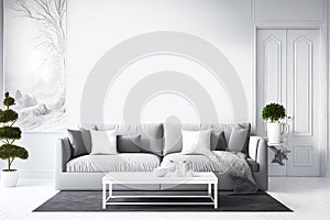 Modern living room with gray sofa and copy space wall. Generative ai