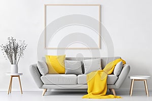 Modern Living Room with Gray Sofa and Yellow Accents and blank poster mockup on white wall