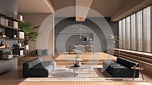 Modern living room in gray tones, hall, open space with parquet oak floor with steps, sofa, carpet and coffee tables, dining table