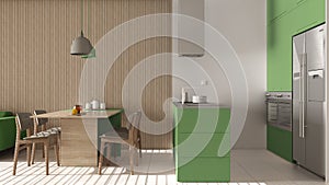 Modern living room in green tones and wooden wall details, sofa, dining table with chairs, kitchen with island, appliances and