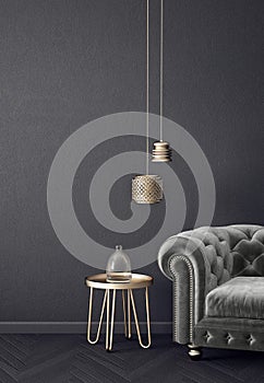 modern living room with grey armchair and lamp. scandinavian interior design furniture.