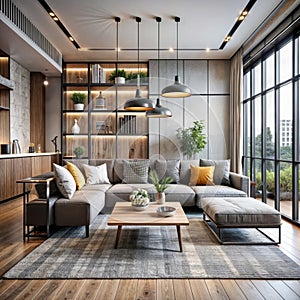 modern living room with grey couch