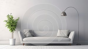 Modern living room with grey sofa and lamp. scandinavian interior design furniture. generative ai