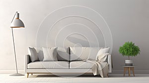 Modern living room with grey sofa and lamp. scandinavian interior design furniture. generative ai