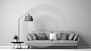 Modern living room with grey sofa and lamp. scandinavian interior design furniture. generative ai