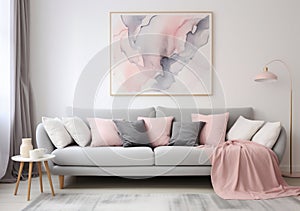 Modern Living Room: Grey Sofa with Pink Accents and Abstract Art. Generative ai