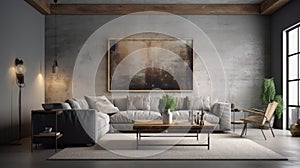 Modern living room with grey sofa and wooden coffee table