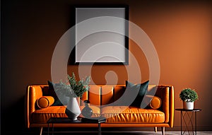 Modern living room have orange leather sofa and decoration minimal on a dark wall