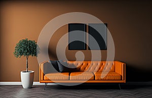 Modern living room have orange leather sofa and decoration minimal on a dark wall