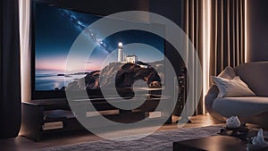 modern living room highly of Romantic lighthouse near Atlantic seaboard shining at night on a plasma tv