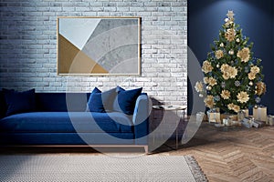 Modern living room with a horizontal poster on a brick wall, a cozy blue sofa, a carpet on a parquet floor. There is a Christmas t