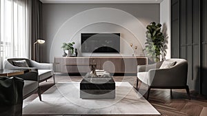 a modern living room with an impeccable interior design, sideboard beautifully the contemporary decor, Generative AI