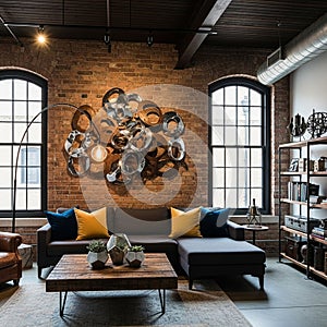 Floor lamp with an exposed bulb offers warm lighting. A metal bookshe