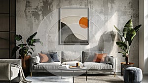 Modern living room interior with abstract wall art. Studio photography with copy space