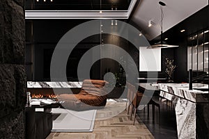 Modern living room interior along with modern furniture, the Black concept for wall decor, and Brown color. 3D rendering