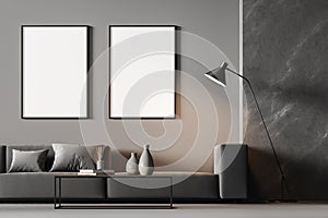 Modern living room interior with arch and three white poster on dark wall. Grey sofa with cushions, coffee table, chest of drawers