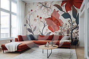 Modern living room interior, beautiful floral mural, flowers on wall
