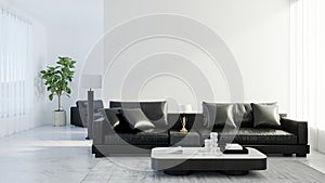 Modern living room interior with black leather sofa, white empty wall mock up, scandinavian style, 3d rendering