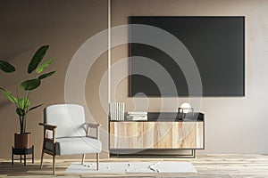 Modern living room interior with black mock up banner on beige wall, furniture and plant. 3D Rendering