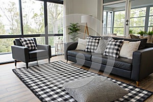 Modern living room interior with black and white checked pattern pillows and carpet