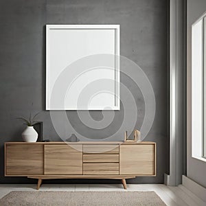 Modern living room interior with blank frame, wooden sideboard, and decorative plant. Minimalist design