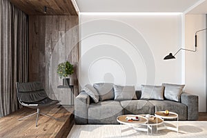 Modern living room interior with blank wall, sofa, lounge chair, table, wooden wall and floor.