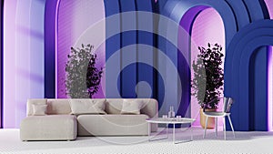 Modern living room interior with blue arches and pink walls, white sofa with chair, 3d rendering