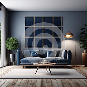 Modern living room interior with blue sofa, coffee table, lamp