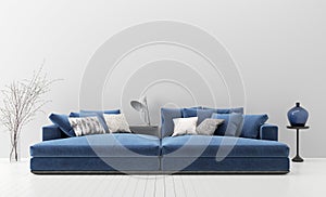 Modern living room interior with blue sofa, wall mock up