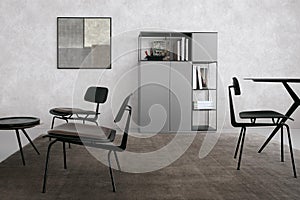 Modern living room interior with bookcase, table and chairs.