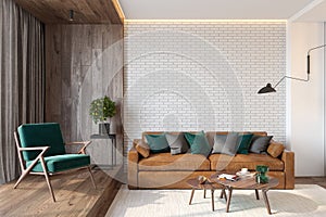 Modern living room interior with brick wall blank wall, sofa, lounge chair, table, wooden wall and floor. photo