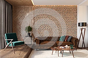 Modern living room interior with brick wall blank wall, leather brown sofa, green lounge chair, table, wooden wall